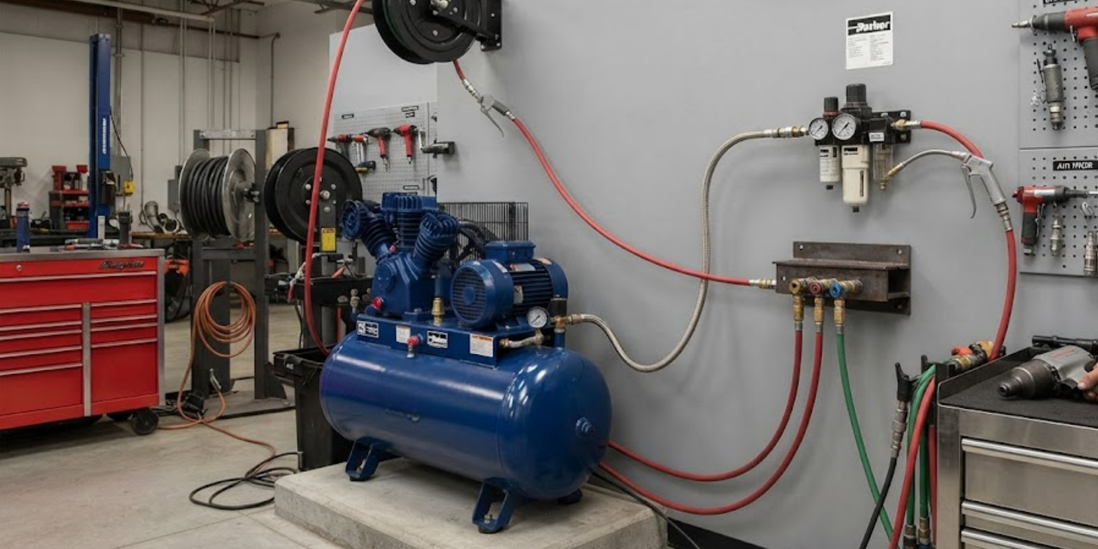 Air compressor and pneumatic setup for automotive workshop